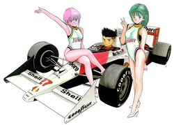  2girls amano_ai car green_hair hayakawa_moemi high_heels legs leotard moteuchi_yota motor_vehicle multiple_girls official_art pink_hair racecar shonen_jump shounen_jump v vehicle video_girl_ai 