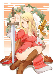  :o agrias_oaks b.tarou bad_id bad_pixiv_id blonde_hair boots braid braided_ponytail breasts cleavage commentary_request dress egasumi female final_fantasy final_fantasy_tactics flower gun knee_boots legs long_hair medium_breasts orator_(fft) photoshop_(medium) single_braid solo sword thighs weapon 