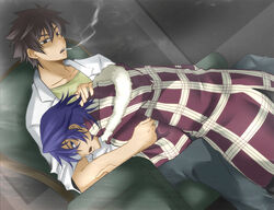  2boys bad_id bad_pixiv_id blue_eyes blue_hair brown_eyes brown_hair cigarette dutch_angle hug koide_natsuno male_focus multiple_boys ozaki_toshio seihawk shiki_(novel) sitting smoking spiked_hair 