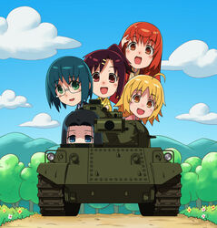  5girls :d anrakutei_kukuru bad_id bad_pixiv_id black_hair blonde_hair bouhatei_tetora brown_eyes buratei_marii caterpillar_tracks enter_enter_mission! girls_und_panzer glasses hair_ornament hairclip haroukitei_kigurumi japanese_clothes joshiraku kimono kuurubiyuutei_gankyou long_hair looking_at_viewer military military_vehicle motor_vehicle multiple_girls open_mouth orange_hair outdoors parody photoshop_(medium) red_hair short_hair smile tank type_61_(tank) yudoufu_(yudouhu) 