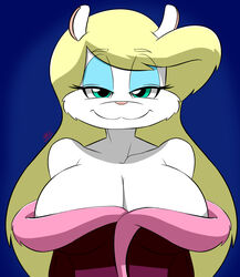  2017 :3 animaniacs anthro bathrobe bedroom_eyes big_breasts blonde_hair blue_background blue_eyes breast_focus breasts cleavage cleavage_overflow clothed clothing eyelashes female fur gblastman hair half-closed_eyes hi_res huge_breasts looking_at_viewer mammal minerva_mink mink mustelid musteline narrowed_eyes robe seductive simple_background solo true_musteline warner_brothers white_body white_fur 