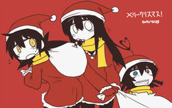  3girls black_hair blue_eyes blush braid candy candy_cane christmas hat heterochromia kibana_tsuitachi konohana_saku long_hair multiple_girls open_mouth original red_eyes santa santa_costume santa_hat scarf short_hair simple_background surprised twin_braids white_eyes yellow_eyes 