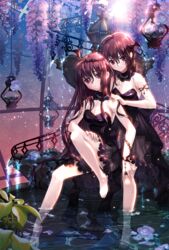  2girls :o ahoge armpits bare_shoulders barefoot bat_wings black_dress blurry blush bracelet branch brown_hair collarbone commentary_request crown_of_thorns depth_of_field detached_collar dress ezu_(leejiyu) flower fountain full_body head_wings highres jewelry lantern leaf light_rays long_hair looking_at_viewer multiple_girls parted_lips plant purple_eyes rion_flina sion_flina sitting smile soaking_feet strapless strapless_dress sword_girls thorns toes water wet wings 