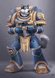  2014 anthro armor avoid_posting banana_magazine black_body black_fur black_nose blue_eyes bolter bottomwear bracers breastplate canid canine canis clothing cosplay digital_media_(artwork) domestic_dog fur furrybob gauntlets gloves greaves grey_background grey_body grey_fur gun handwear holding_gun holding_object holding_ranged_weapon holding_weapon husky loincloth machine male mammal nordic_sled_dog pauldron power_armor primaris primaris_ultramarine ranged_weapon rifle simple_background solo space_marine spitz ultramarine warhammer_(franchise) warhammer_40000 weapon whiskers white_body white_fur 