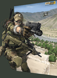  ah-64_apache aircraft armor assault_rifle brown_hair chinese_commentary commentary_request female fn_scar girlcam_(tanto) glasses glock green_eyes gun handgun helicopter highres holding holding_gun holding_weapon long_hair magazine_(weapon) military military_operator military_uniform photoshop_(medium) rifle skull_print soldier solo tanto_(tc1995) uniform weapon 