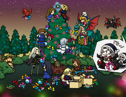  4girls 6+boys alucard_(castlevania) axe bird book castlevania:_aria_of_sorrow castlevania:_order_of_ecclesia castlevania:_portrait_of_ruin castlevania:_symphony_of_the_night castlevania_(1986) castlevania_(series) charlotte_aulin chibi christmas christmas_tree commentary_request cross death_(castlevania) dracula_(castlevania) dragon hammer_(castlevania) holy_water jinny jonathan_morris julius_belmont knife lying maria_renard multiple_boys multiple_girls night on_back pantyhose pocket_watch richter_belmont shanoa simon_belmont soma_cruz turtle watch weapon yoko_belnades 