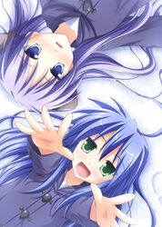  2girls ahoge bad_id bad_pixiv_id blue_eyes blue_hair blush coat foreshortening green_eyes highres hiiragi_kagami izumi_konata long_hair lucky_star lying mole mole_under_eye multiple_girls photoshop_(medium) purple_hair reaching smile tsuda_akira tsurime twintails yuri 