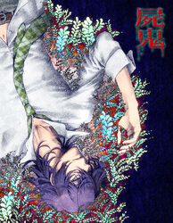  1boy blue_eyes blue_hair commentary_request kayu koide_natsuno lying male_focus necktie purple_eyes purple_hair shiki_(novel) shirt solo upside-down 