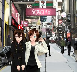  2girls 7-eleven :d :o aqua_eyes bad_id bad_pixiv_id bag beifeng_han black_hair brown_hair character_request circle_k_sunkus hair_between_eyes hand_on_another&#039;s_shoulder handbag hong_kong long_hair miyaura_sanshio multiple_girls one_eye_closed open_mouth original purple_eyes real_world_location short_hair smile 