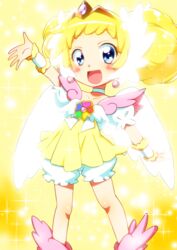  :d arm_up blonde_hair bloomers blue_eyes blush_stickers candy_(smile_precure!) choker commentary_request double_bun dress earrings female gem hair_bun jewelry legs_apart looking_at_viewer open_mouth outstretched_arm precure puffy_short_sleeves puffy_sleeves royal_candy short_dress short_hair short_sleeves smile smile_precure solo sparkle sparkle_background standing tiara underwear white_choker white_wings wings wrist_cuffs yellow_background yellow_dress yuto_(dialique) 