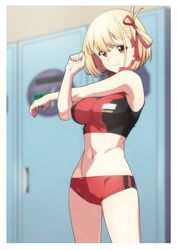  absurdres blonde_hair breasts buruma commentary_request date_naoto female hair_ribbon highres indoors large_breasts locker locker_room looking_at_viewer lycoris_recoil nishikigi_chisato official_alternate_hairstyle red_eyes red_ribbon ribbon short_hair smile solo sports_bikini sports_bra standing stretching tank_top two-tone_sports_bra yellow_eyes 