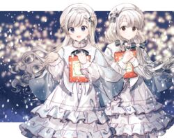  2girls :d bad_id bad_pixiv_id blue_eyes blush bow braid brown_eyes caroler chinese_commentary christmas commentary dress earrings frilled_dress frills hairbow highres hisakawa_hayate hisakawa_nagi idolmaster idolmaster_cinderella_girls jewelry legs long_dress long_hair looking_at_viewer migolu multiple_girls open_mouth pinafore_dress siblings single_braid sleeveless sleeveless_dress smile snowing standing twins twintails wavy_hair white_dress white_hair white_headwear 