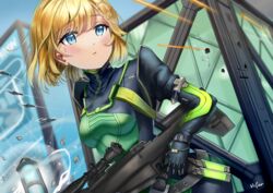  absurdres blonde_hair blue_eyes bodysuit breasts bullet cosplay female green_bodysuit gun hair_ornament highres holding holding_gun holding_weapon hololive hololive_english knife parted_lips rifle short_hair sniper_rifle solo upper_body valorant viper_(valorant) viper_(valorant)_(cosplay) virtual_youtuber volar_uwu watson_amelia weapon wind 