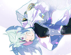  1boy ascot bae_(baebae) black_jacket clenched_teeth frost frozen green_hair ice ice_block jacket light_green_hair lio_fotia male_focus promare purple_eyes see-through solo teeth white_hair wince 