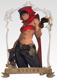  abs bandeau belt belt_pouch black_gloves black_hair black_pants blue_eyes breasts character_name cleavage closed_mouth commentary contrapposto cowboy_shot dagger dark-skinned_female dark_skin drawstring_bag dungeons_&amp;_dragons dungeons_&amp;_dragons:_shadow_over_mystara earrings english_commentary expressionless eyelashes female fingerless_gloves gloves grey_background hair_between_eyes highres holding holding_dagger holding_knife holding_weapon hoop_earrings jewelry key keyring knife looking_at_viewer md5_mismatch medium_breasts midriff moriah morry navel necklace obliques pants pouch red_hood short_hair simple_background solo strapless toned tube_top underboob weapon 