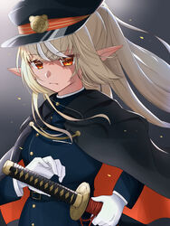  alternate_costume bad_id bad_pixiv_id belt black_background black_cloak black_hat blonde_hair blue_coat breasts cloak closed_mouth coat commentary_request cowboy_shot dark-skinned_female dark_skin elf expressionless female gloves hat highres hololive katana light long_hair long_sleeves looking_at_viewer medium_breasts military military_hat military_uniform moonbell multicolored_hair peaked_cap pointy_ears ponytail red_eyes scabbard sheath sheathed shiranui_flare simple_background solo streaked_hair sword uniform virtual_youtuber weapon white_gloves wind 