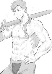  1boy abs bara closed_mouth greyscale haiki_(tegusu) hand_on_own_hip highres holding holding_sword holding_weapon looking_at_viewer male_focus mature_male mole mole_under_eye monochrome mushoku_tensei nipples pants paul_greyrat ponytail rattail simple_background smile solo sweat sword toned toned_male topless_male unfinished weapon white_background 