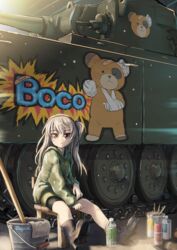  artist_name blush boko_(girls_und_panzer) boots bottle breasts brown_eyes bucket caterpillar_tracks centurion_(tank) commentary_request day female girls_und_panzer highres hood hoodie kuroneko_douji light_brown_hair long_hair military military_vehicle motor_vehicle one_side_up open_mouth shimada_arisu shorts spray_can sunlight tank 