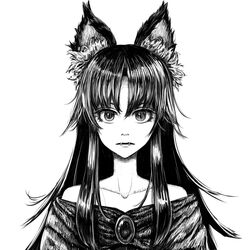  animal_ear_fluff animal_ears brooch collarbone commentary dress english_commentary expressionless fangs female greyscale hair_between_eyes imaizumi_kagerou jewelry long_hair looking_at_viewer monochrome numenoko off-shoulder_dress off_shoulder parted_bangs parted_lips sidelocks slit_pupils solo touhou wolf_ears 