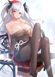  antenna_hair azur_lane bad_id bad_pixiv_id belfast_(azur_lane) belfast_(azur_lane)_(cosplay) belfast_(shopping_with_the_head_maid)_(azur_lane) black_pantyhose black_skirt breasts cosplay female hair_between_eyes highres large_breasts long_hair looking_at_viewer mole mole_on_breast multicolored_hair off-shoulder_sweater off_shoulder pantyhose photoshop_(medium) prinz_eugen_(azur_lane) red_hair sitting skirt solo sweater two_side_up very_long_hair white_hair yk_(pixiv43531291) 