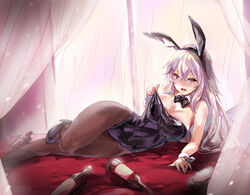  alternate_costume animal_ears azur_lane bad_id bad_twitter_id bare_shoulders blush bottle bow bowtie breasts cleavage detached_collar fake_animal_ears female gangut_(azur_lane) hair_between_eyes large_breasts long_hair looking_at_viewer lying matsukura_nemu on_bed on_side open_mouth pantyhose playboy_bunny rabbit_ears red_eyes smile solo very_long_hair white_hair 