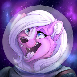  1:1 2017 anthro bust_portrait circle cosmic_background daniel156161_(character) detailed_background digital_drawing_(artwork) digital_media_(artwork) eyelashes fangs female fur hair hi_res icon mammal mephitid open_mouth outside pink_body pink_hair portrait shaded sharp_teeth skunk solo sophie_(daniel156161) space spacesuit starry_background teeth tongue white_hair yoko_darkpaw 