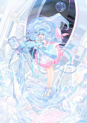  :d artist_name atdan bangs bare_legs bare_shoulders blue_footwear blue_headwear blue_ribbon blush breasts cleavage detached_sleeves dress female frilled_dress frills full_body hair_between_eyes haiyi hat high_heels highres leaning_forward long_sleeves looking_at_viewer machinery maid_headdress medium_breasts medium_hair oerba_yun_fang open_mouth outstretched_arms revision ribbon sleeves_past_wrists smile soap_bubbles solo standing vocaloid water white_dress witch_hat 