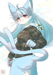  2023 5_fingers absurd_res ahoge anthro ass big_ears biped blue_body blue_ears blue_fur blue_hair blue_inner_ear blue_inner_ear_fluff blue_tail bottomless bottomless_anthro bottomless_female breasts brown_clothing brown_shirt brown_topwear camo camo_clothing camo_print camo_shirt camo_topwear cheek_tuft clothed clothing colored digital_media_(artwork) domestic_cat eyelashes facial_tuft felid feline felis female female_anthro fingerpads fingers forked_tail fur glistening glistening_eyes hair heterochromia hi_res highlights_(coloring) humanoid_hands inner_ear_fluff japan_air_self-defense_force kawarage_yatano kemono long_hair looking_at_viewer male_(lore) mammal monotone_tail multicolored_body multicolored_fur multicolored_hair neck_tuft omaneko_(jasdf) pattern_clothing pattern_shirt pattern_topwear pawpads pink_nose pink_pawpads portrait pupils red_eyes red_pupils shaded shirt side_view signature simple_background solo standing tail three-quarter_portrait topwear tuft two_tone_body two_tone_fur two_tone_hair unusual_anatomy unusual_tail whiskers white_background white_body white_fur white_hair white_highlights white_inner_ear_fluff yellow_eyes yellow_pupils 