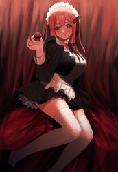  :p absurdres apron black_dress black_footwear blush chocolate commentary_request dress female food hair_between_eyes highres holding holding_food maid maid_headdress original pink_hair sitting solo thighhighs tongue tongue_out white_apron white_thighhighs youichi_(45_01) 