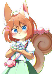  2022 4_fingers :&lt; accessory ahoge alternative_fashion anthro arm_tuft bangs blush bottomwear brown_stripes brown_tail candy cheek_tuft chromatic_aberration clothed clothing countershading country_lolita curled_tail dessert digital_media_(artwork) elbow_tuft eye_through_hair facial_tuft female female_anthro fingers food fully_clothed fur furgonomics green_bottomwear green_clothing green_skirt hair hair_accessory hairclip inner_ear_fluff j-fashion kemono kuro_kemo28 lolita_(fashion) looking_at_viewer mammal markings multicolored_body multicolored_fur orange_body orange_fur orange_hair pink_inner_ear pink_nose rodent sciurid shirt short_hair short_sleeves simple_background skirt solo striped_body striped_fur striped_markings striped_tail stripes suspenders tail tail_markings tail_through_skirt topwear translucent translucent_hair tree_squirrel tuft white_background white_clothing white_shirt white_topwear yellow_body yellow_countershading yellow_fur 