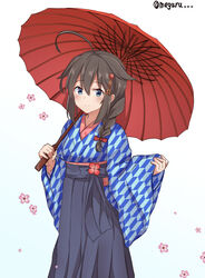  ahoge black_hair blue_eyes blue_hakama braid cherry_blossoms commentary_request cowboy_shot dated female floral_background hair_flaps hair_over_shoulder hakama hakama_skirt highres japanese_clothes kantai_collection long_hair looking_at_viewer meguru_(megurunn) oil-paper_umbrella red_umbrella shigure_(kancolle) shigure_kai_ni_(kancolle) simple_background single_braid skirt smile solo twitter_username umbrella white_background yagasuri 