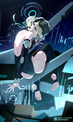  absurdres armpits ass back black_gloves blonde_hair blue_archive blue_eyes blue_halo blue_leotard blue_thighhighs breasts commentary doodle_sensei_(blue_archive) elbow_gloves exoskeleton eyewear_on_head feet female gloves halo highres legs leotard liwendala looking_at_viewer no_shoes sensei_(blue_archive) short_hair sidelocks sleeveless_turtleneck_leotard soles solo stirrup_legwear swept_bangs thighhighs toeless_legwear toes toki_(blue_archive) 