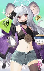  :3 :d \n/ absurdres animal_ears bag barcode bare_shoulders biohazard_symbol black_nails black_thighhighs blue_archive blush bowl breasts character_name commentary cowboy_shot crop_top cutoffs denim denim_shorts ear_tag female flask food gradient_background grey_hair handbag highres holding holding_bowl holding_flask jacket jewelry light_blush long_hair long_sleeves mask mask_pull menthako midriff mouse_ears mouse_girl mouse_tail mouth_mask multiple_rings navel nezusuke_(blue_archive) noodles oerba_yun_fang off_shoulder open_clothes open_jacket open_mouth panties panty_peek poison_(final_fight) purple_jacket red_eyes ring saya_(blue_archive) saya_(casual)_(blue_archive) short_eyebrows shorts single_thighhigh small_breasts smile solo sparkle striped_clothes striped_panties symbol-only_commentary tail tank_top thick_eyebrows thighhighs underwear very_long_hair weibo_logo weibo_watermark 