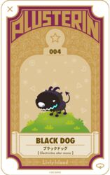  ambiguous_gender black_body black_dog_(livly) black_fur blue_mouth cocone curled_horn english_text feral fur grass horn japanese_text livly_(species) p1_variant_livly plant plusterin_card plusterin_livly simple_background solo tan_background text white_nose 