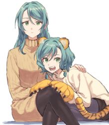  2girls :d akni animal_ears animal_hands aqua_hair bang_dream! black_legwear black_shorts bow braid brown_sweater closed_mouth commentary_request crossed_legs dress fangs feet_out_of_frame gloves green_eyes hair_between_eyes hairbow hand_on_another&#039;s_leg hand_on_another&#039;s_shoulder hand_on_another&#039;s_thigh hand_up hikawa_hina hikawa_sayo invisible_chair korean_commentary leaning_forward long_hair long_sleeves looking_at_viewer multiple_girls open_mouth pantyhose paw_gloves ribbed_sweater seiza short_hair short_shorts shorts siblings side_braids simple_background sisters sitting smile sweater sweater_dress swept_bangs tail teeth tiger_ears tiger_paws tiger_tail turtleneck turtleneck_sweater twin_braids twins white_background white_sweater yellow_bow 