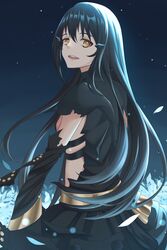  act_(xadachit) black_hair dandelion_(girls&#039;_frontline) dress female flower girls&#039;_frontline highres long_hair open_mouth petals sidelocks solo torn_clothes very_long_hair yellow_eyes 