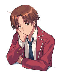  1boy advanced_nurturing_high_school_uniform asada_hachi ayanokouji_kiyotaka bangs banned_artist blazer blue_necktie brown_eyes brown_hair closed_mouth collared_shirt commentary eyebrows_visible_through_hair hand_on_own_cheek hand_on_own_face hand_up highres jacket long_sleeves looking_at_viewer loose_necktie male_focus necktie open_clothes open_jacket parted_bangs red_jacket school_uniform shirt short_hair simple_background solo twitter_username upper_body watermark white_background white_shirt youkoso_jitsuryoku_shijou_shugi_no_kyoushitsu_e 