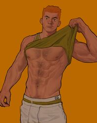  1boy abs absurdres bara bare_arms bare_pectorals biceps chest_hair clothes_lift cowboy_hat dark-skinned_male dark_skin edeued_(dpemrmfla) edging_underwear facial_hair green_male_underwear green_tank_top hairy hat highres lifting_own_clothes looking_at_viewer male_focus male_underwear male_underwear_peek mature_male muscular muscular_male navel navel_hair nipples orange_background orange_hair original pants pectorals shirt_lift short_hair sideburns smile solo stomach stubble tank_top thick_eyebrows track_pants underwear veins veiny_arms white_pants 