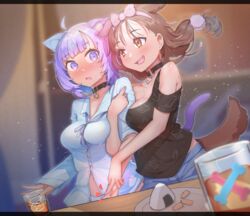  2girls :3 absurdres ahoge animal_collar animal_ear_fluff animal_ears animal_print arm_hug bare_shoulders black_choker black_shirt black_tank_top blue_hair blue_shorts blush bone_print breast_press breasts brown_eyes brown_hair button_gap cartoon_bone cat_ears cat_girl cat_tail choker collar collarbone collared_shirt colored_inner_hair cucumbear073 denim denim_shorts diagonal_bangs dog_ears dog_girl dog_print dog_tail dress_shirt drink dutch_angle extra_ears flying_sweatdrops food glass hairband highres hololive inugami_korone inugami_korone_(loungewear) letterboxed long_hair long_sleeves looking_at_another loose_neck_ribbon medium_breasts medium_hair multicolored_hair multiple_girls narrowed_eyes navel neck_ribbon nekomata_okayu nekomata_okayu_(oversized_shirt) no_bra no_pants o-ring o-ring_choker oerba_yun_fang official_alternate_costume onigiri open_mouth panties partially_unbuttoned pointing print_shirt purple_eyes purple_hair purple_ribbon ribbon shirt short_shorts shorts smile surprised tail tank_top two-tone_hair underwear virtual_youtuber white_panties white_shirt 