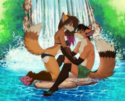  5_fingers anthro barefoot bikini black_bikini black_clothing black_nose black_swimwear blue_eyes breasts canid canine claws clothed clothing countershading detailed_background digital_media_(artwork) duo duster_(duster) eye_contact feet female finger_claws fingers fox fur gloves_(marking) green_clothing green_eyes green_swimming_trunks green_swimwear hair helga_(iskra) humanoid_hands imanika leg_markings looking_at_another love male male/female mammal markings michalinovic multicolored_body multicolored_fur nature orange_body orange_fur outside partially_submerged pawpads paws pink_pawpads romantic romantic_ambiance romantic_couple shaded swimming_trunks swimwear third-party_edit two_tone_body two_tone_fur water white_body white_fur 