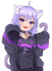  :3 animal_collar animal_ear_fluff animal_ears black_hoodie blush breasts cat_ears cat_tail collar female hololive hood hoodie long_sleeves looking_at_viewer medium_breasts nekomata_okayu nekomata_okayu_(1st_costume) open_mouth purple_eyes purple_hair simple_background sleeves_past_fingers sleeves_past_wrists solo suspenders tail temari_maco virtual_youtuber white_background 