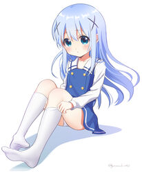  blue_eyes blue_hair blush closed_mouth commentary_request female gochuumon_wa_usagi_desu_ka? hair_ornament kafuu_chino kafuu_chino&#039;s_school_uniform long_hair looking_at_viewer mozukun43 no_shoes panties putting_on_legwear school_uniform sitting socks solo underwear white_panties x_hair_ornament 