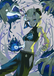  38_(sanjuuhachi) arm_wrap armlet bare_arms black_pants blue_eyes blue_hair blue_shirt bracelet breasts colored_inner_hair commentary cowboy_shot crop_top disembodied_hand facial_mark female grey_background grin highres hip_vent horn_bell horns jewelry linea_alba looking_at_viewer magic midriff multicolored_hair navel oni_horns original pants pointy_ears shirt short_hair sleeveless sleeveless_shirt small_breasts smile solo white_hair 