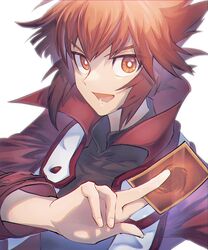  1boy absurdres bad_id bad_twitter_id black_shirt bright_pupils brown_eyes brown_hair card duel_academy_uniform_(yu-gi-oh!_gx) high_collar highres holding holding_card jacket long_sleeves looking_at_viewer male_focus medium_hair open_clothes open_jacket open_mouth shirt sidelocks smile solo turtleneck upper_body white_pupils yoshidanoe yu-gi-oh! yu-gi-oh!_gx yuki_judai 