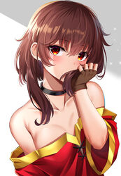  absurdres bare_shoulders black_gloves blush breasts breasts_apart brown_hair choker cleavage collarbone commentary_request female fingerless_gloves gloves hair_between_eyes head_tilt highres holding holding_own_hair kono_subarashii_sekai_ni_shukufuku_wo! looking_at_viewer medium_hair megumin red_eyes short_hair_with_long_locks small_breasts solo sunhyun upper_body white_background 