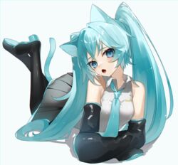  animal_ears bare_shoulders black_thighhighs blue_eyes blue_hair blue_necktie boots breasts cat_ears cat_girl cat_tail collared_shirt commentary detached_sleeves female full_body hair_ornament hatsune_miku highres kemonomimi_mode long_hair looking_at_viewer necktie open_mouth reirou_(chokoonnpu) shirt simple_background skirt sleeveless solo symbol-only_commentary tail thigh_boots thighhighs twintails very_long_hair vocaloid white_background 