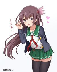  black_jacket black_thighhighs brown_eyes brown_hair commentary_request cowboy_shot crescent crescent_pin female green_sailor_collar green_skirt hair_ornament highres jacket kantai_collection kisaragi_(kancolle) kisaragi_kai_ni_(kancolle) long_hair meguru_(megurunn) neckerchief pleated_skirt red_neckerchief sailor_collar school_uniform serafuku skirt solo thighhighs translated twitter_username 