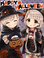  2girls absurdres bandages black_gloves bloomers braid brown_eyes candy cape closed_eyes drawer earrings english_text food gloves green_hair grey_hair grin halloween halloween_bucket halloween_costume hat highres hisakawa_hayate hisakawa_nagi idolmaster idolmaster_cinderella_girls jack-o&#039;-lantern jewelry long_hair looking_at_viewer multiple_girls oerba_yun_fang open_mouth siblings sidelocks simple_background single_braid smile standing thighs trick_or_treat twins twintails underwear white_hair witch_hat yata_(yatao_zzz) 