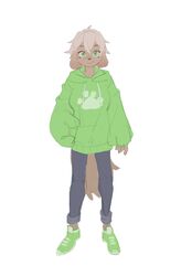  absurd_res anthro blonde_hair bottomwear canid canine canis clothed clothing digital_media_(artwork) domestic_dog female floppy_ears full-length_portrait fully_clothed green_eyes hair hand_in_pocket hi_res hoodie kemari kemono light_hair lime_(kemari) mammal oversized_clothing oversized_hoodie oversized_topwear pants pawprint_clothing pockets portrait running_shoes smile solo sweater topwear 