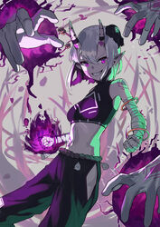  38_(sanjuuhachi) arm_wrap armlet bare_arms black_pants bracelet breasts colored_inner_hair commentary cowboy_shot crop_top disembodied_hand facial_mark female grey_background grin highres hip_vent horn_bell horns jewelry linea_alba looking_at_viewer magic midriff multicolored_hair navel oni_horns original pants pointy_ears purple_eyes purple_hair purple_shirt shirt short_hair sleeveless sleeveless_shirt small_breasts smile solo white_hair 